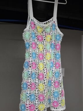 NWT White Crochet Swim Cover-Up Dress with Pastel Flower Accents